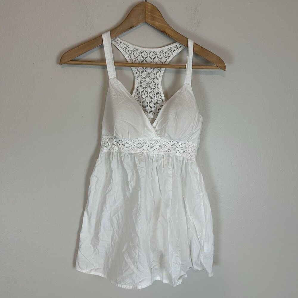 Womens Y2K LEI Cami Babydoll Tank S Ivory  Embroidered Coquette Fairy Elena Lace